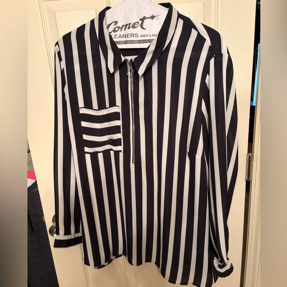 Black & White Vertical Stripe Zip-Front Blouse